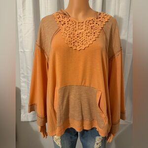 Cool POL size S apricot orange crochet hooded bell long sleeve shirt oversized